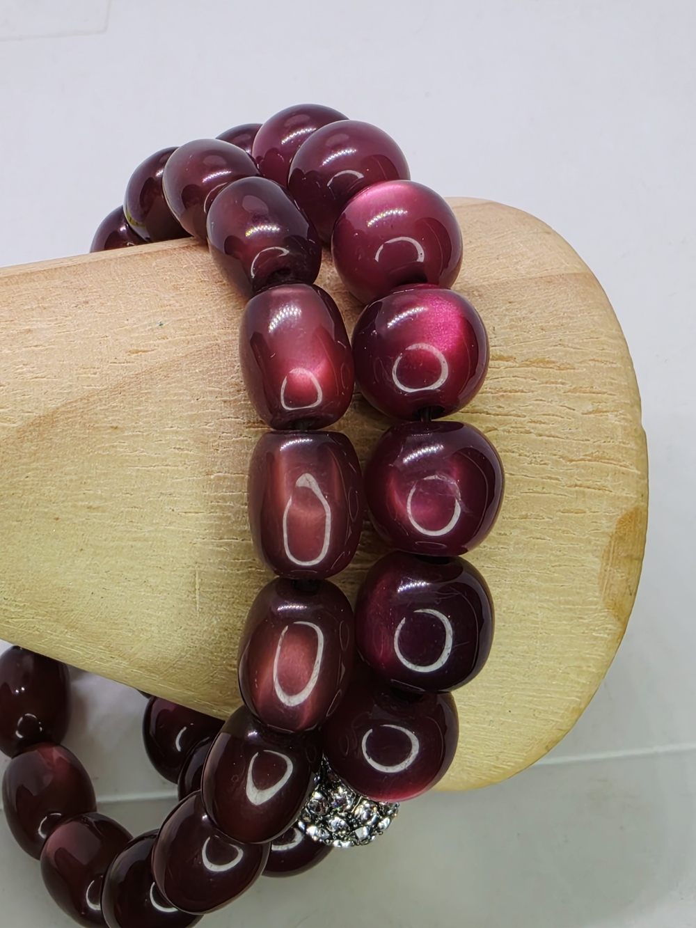 Vintage Burgundy Cat Eye Stack Stretch Bracelet Rhinestone Pave Disco Bead Lot 2 - Picture 5 of 7